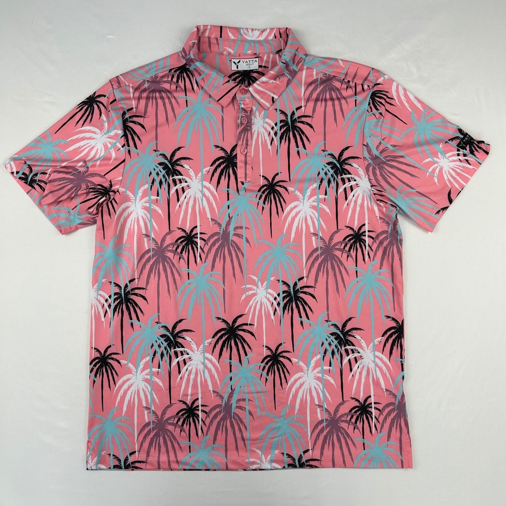 Yatta Golf Mens Large Pink Palm Tree Performance Polo Shirt Short Sleeve Stretch